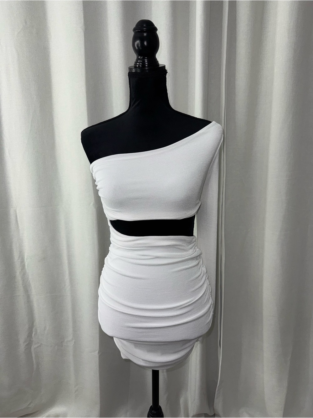 Oh Polly One-Shoulder White Cutout Ruched Mini Dress